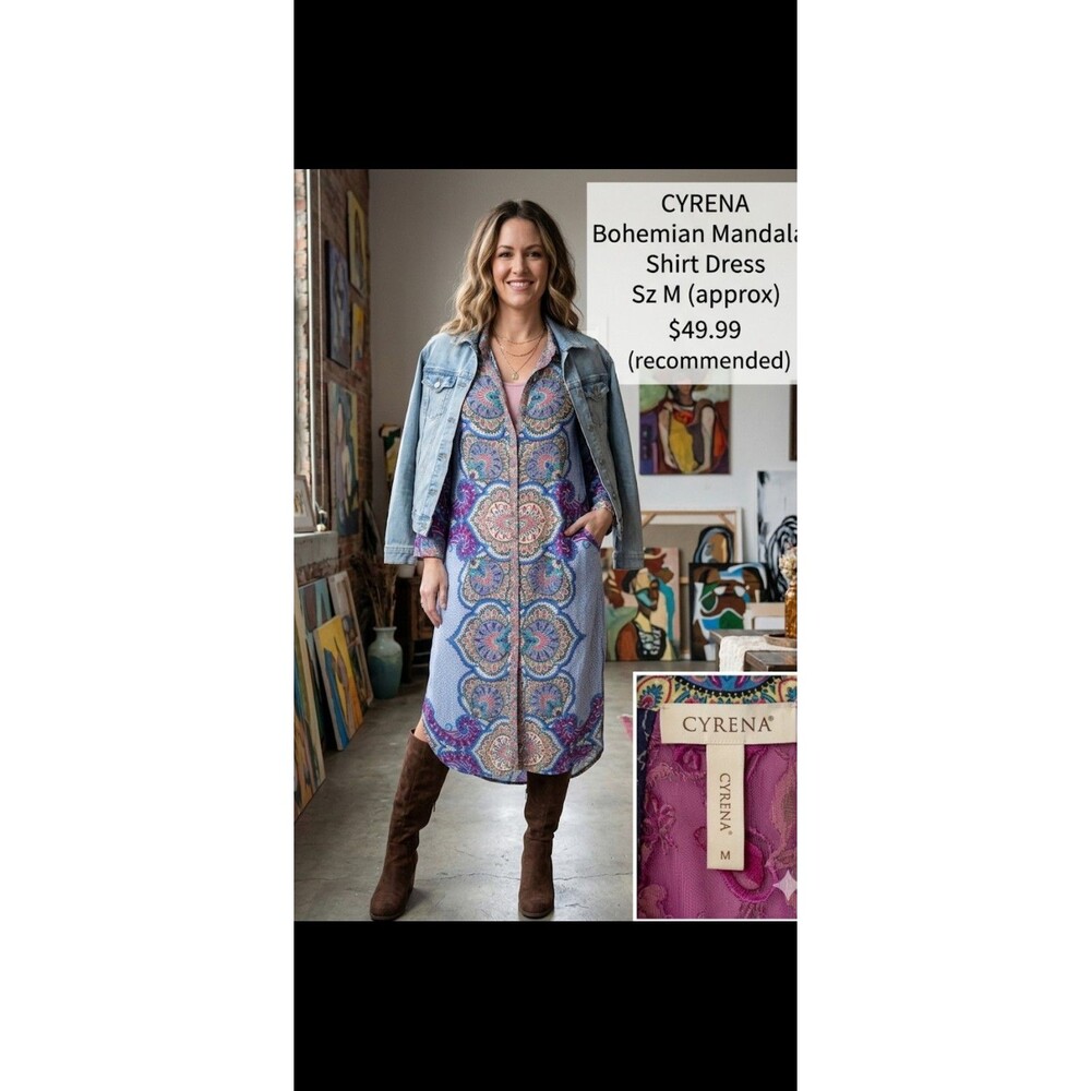 CYRENA Bohemian Print Long-Sleeve Shirt Dress, Pink Lace Trim & Camisole...Large